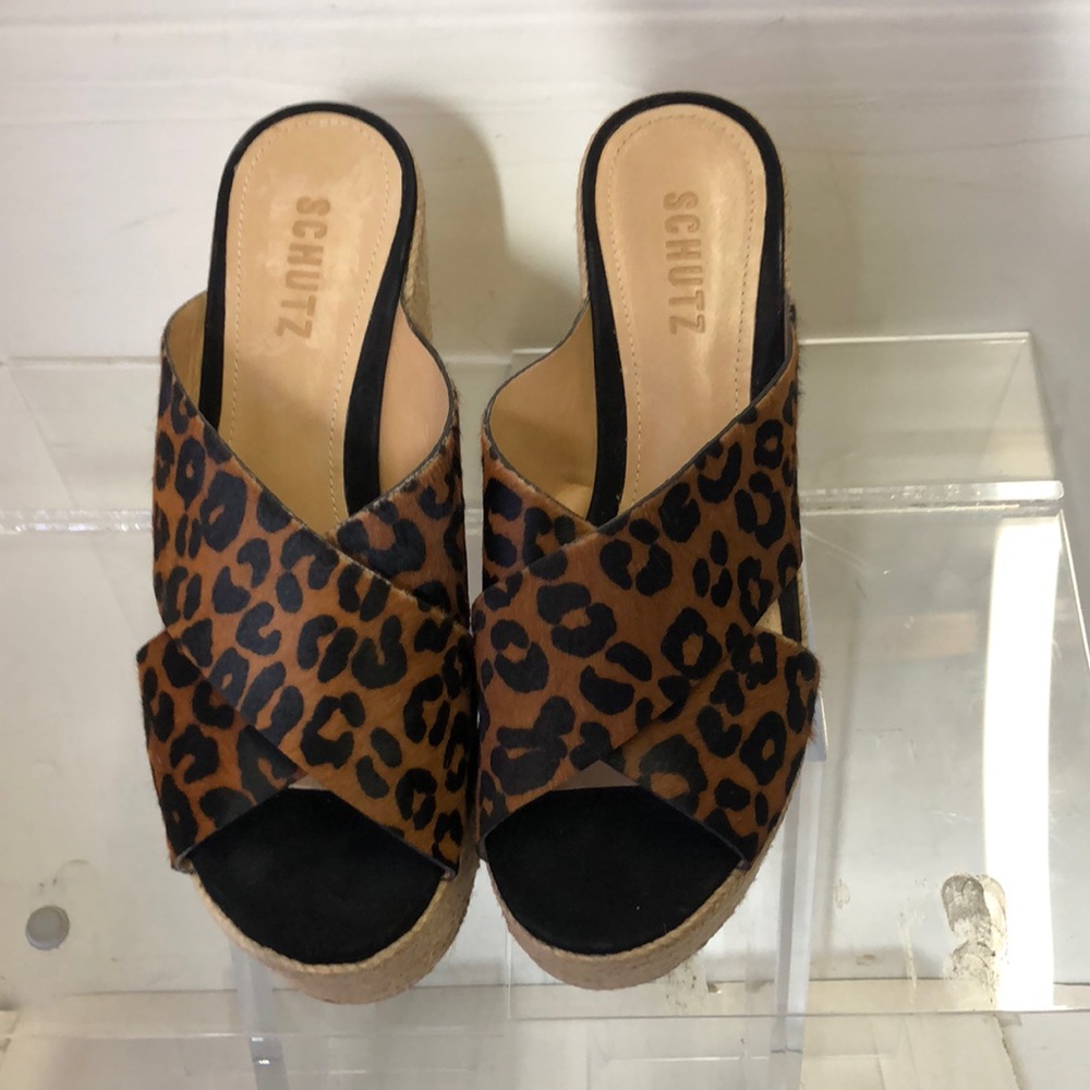 NWOB Schutz Lora Calf Hair Leopard Platform Wedge Sandal